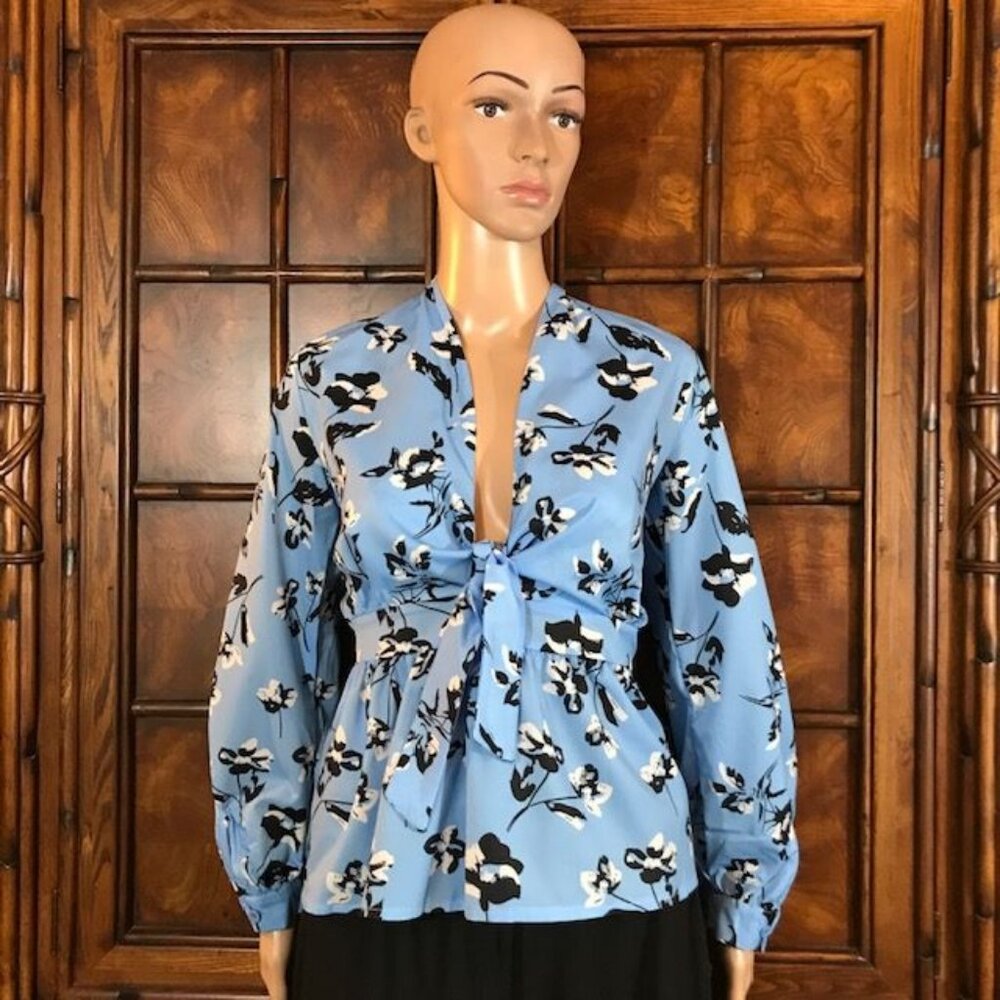 Blue Floral Tie Front Empire Waist Lantern Sleeve Top